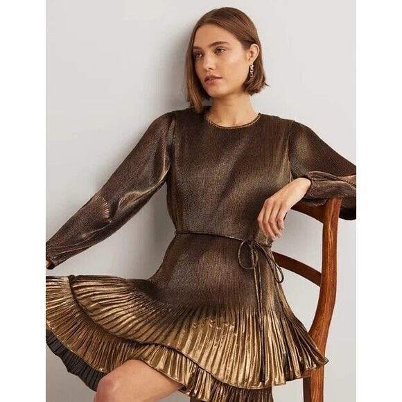 NWT Boden Plisse Mini Dress Size 10R Gold Metallic Shiny Ruffle Hem Tie Waist - Picture 5 of 12